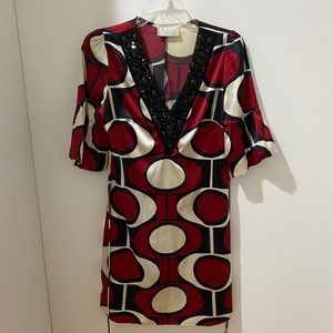 Black, red, white dress with beading detail